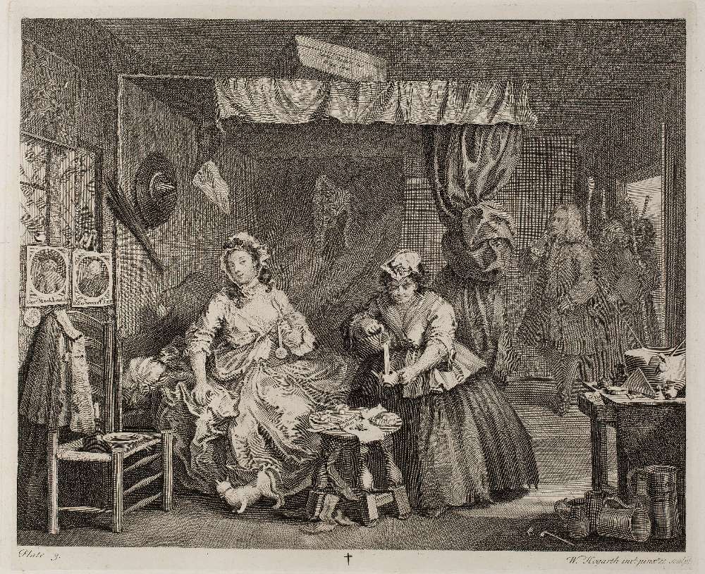 WILLIAM HOGARTH A Harlot's Progress, etchings, plates I-VI on chine applique, 31.5 x 38.5cm, - Image 3 of 6