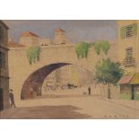 HENRY TWAITS (act. 1940's) A continental street scene with road bridge, signed, watercolour, 25 x