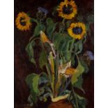 PADDY HIGSON (20TH CENTURY) Still life - an earthenware jug of sunflowers, signed, oil on canvas, 78