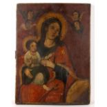 A 19TH C ROMANIAN ORTHODOX ICON, The Virgin and Child with attendant angels, oil on a wooden