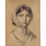 19TH CENTURY ENGLISH SCHOOL Shoulder length portrait of a young girl wearing bonnet, charcoal and