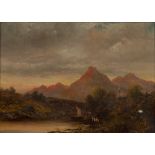 C DENTON RIVERS (19TH CENTURY) A mountainous lake side with figures at dusk, signed, oil on