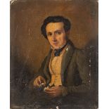 19TH CENTURY ENGLISH SCHOOL Portrait of a dentist, smartly dressed and holding a pair of dentures,