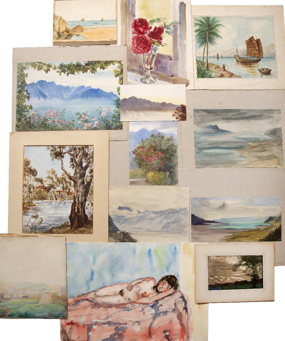 A folder of twenty eight watercolours, mostly early 20th Century including L Cairns Roberts, Roy