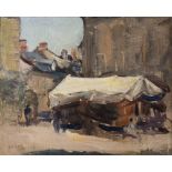 EMILY MURRAY PATERSON (1855-1934) A street corner with market stand, signed, oil on canvas board, 25