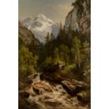 WILLIAM HENRY PIKE (1846-1908) A mountain landscape with rushing stream and goats grazing, signed