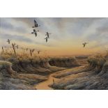 SIMON TRINDER (b. 1958) Pintails over marshes, signed, watercolour, 34 x 50.5cm
