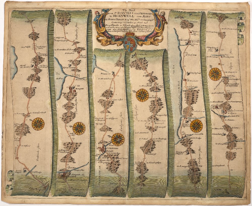 JOHN OGILBY The Road from St. David's to Holywell, engraving, hand-coloured, 36 x 45cm; another -