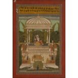 AN INDIAN GOUACHE PAINTING depicting a goddess and a temple with attendant figures and