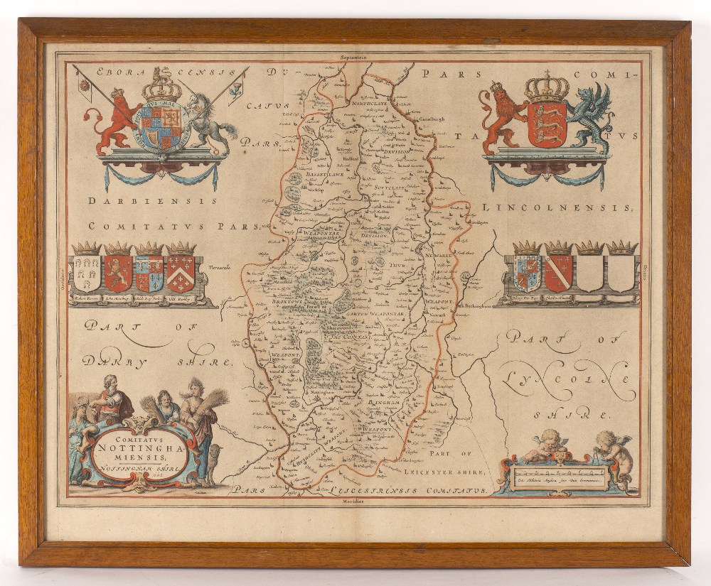 BLAEU Nottinghamshire, engraving with decorative figural title cartouche and armorials, hand- - Image 2 of 3