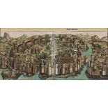 AN EARLY WOODBLOCK PRINT - 'Constantinopel', hand-coloured, 25 x 54cm, and a hand-coloured engraving