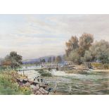 ALBERT STEVENS (act. 1872-1902) River landscape with lock, signed, watercolour, 36.5 x 49cm