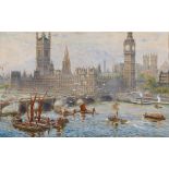HENRY EDWARD TIDMARSH (act. 1880-1927) The Houses of Parliament from the Thames, signed,