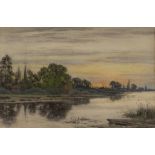 RICHARD WILLIAM HALFNIGHT (1855-1925) A sunset river landscape, signed, watercolour, 21 x 32.5cm;