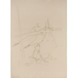 RAFAEL ALVAREZ ORTEGA (1927-2011) A seated boy on a harbour wall, signed, line drawing in pen and