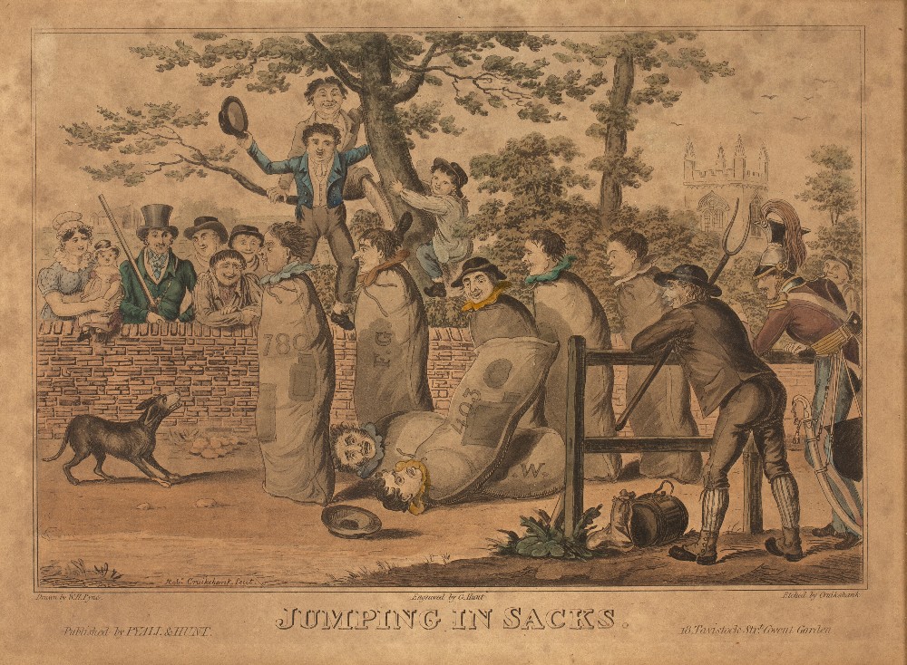 ROBERT CRUIKSHANK AFTER W.H. PYNE 'Jumping in Sacks', etching with aquatint, hand-coloured,