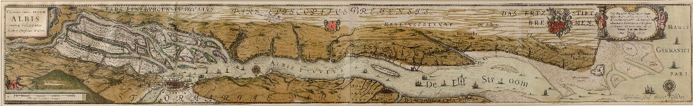 BLAEU 'Celeberrimi Fluvi Albis', engraved map on two sheets, hand-coloured, 16 x 106cm