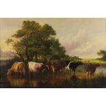 A DAVIS (19TH CENTURY) Cattle watering in a partly wooded landscape, signed and dated 1860, oil on