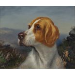 WILSON HEPPLE (1854-1937) A foxhound on a moorland landscape, signed, oil on canvas, 23.5 x 28.5cm