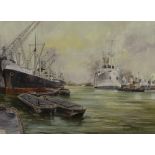 MICHAEL ROFFE (20TH CENTURY) The Freighter Hurunui being unloaded in Baltimore shipyard, signed,