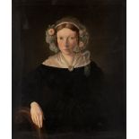 19TH CENTURY ENGLISH SCHOOL Portrait of a lady, her bonnet with pink roses and shawl tied by an oval