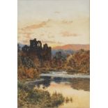 ENGLISH SCHOOL (LATE 19TH CENTURY) Castle ruins at sunset, indistinctly signed, watercolour, 34.5