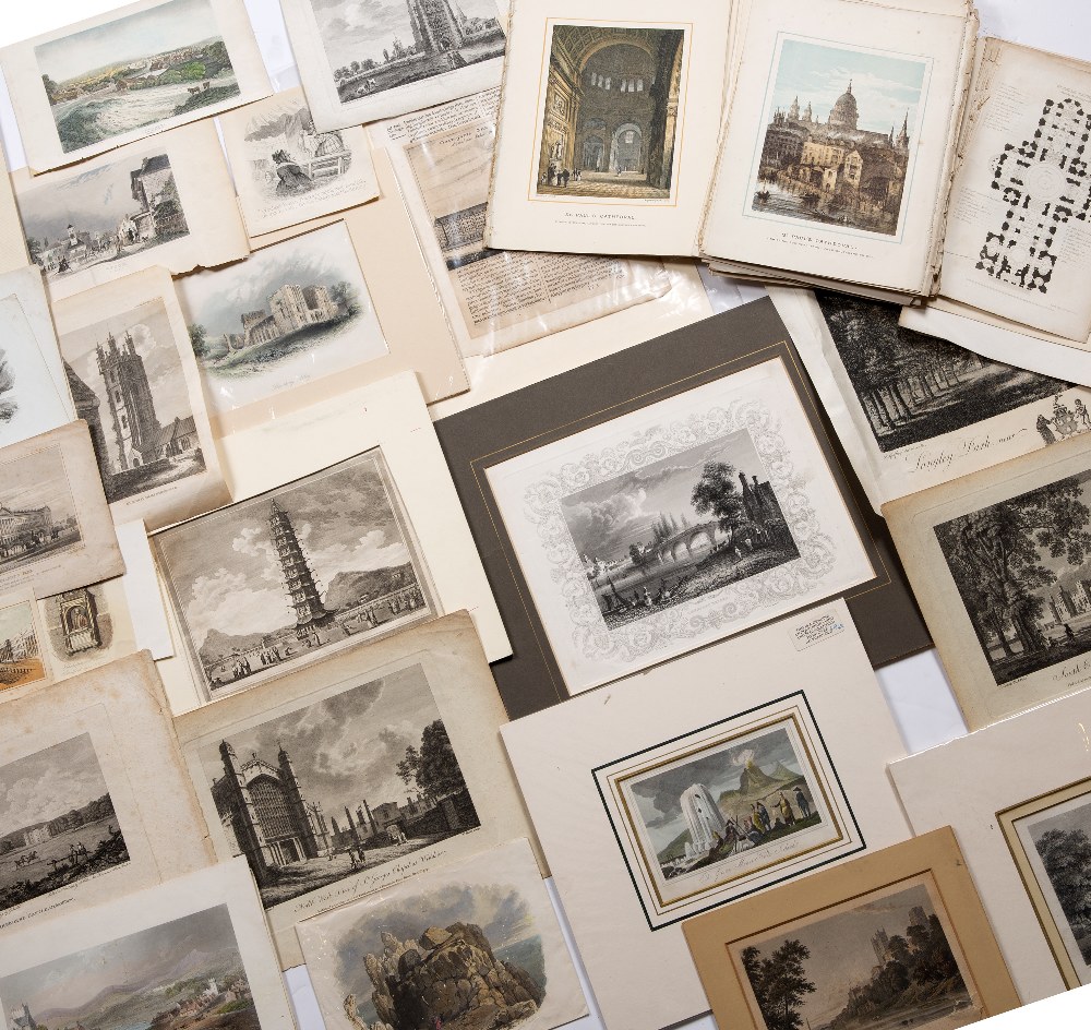 A box of forty eight assorted prints of country houses and topographical views, plus a bundle