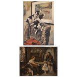 J * M * T A visit to the nurse, signed with monogram, oil over a printed base, 16.5 x 22cm; and a