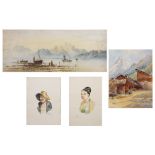 A folder of sixteen watercolours, Victorian and later including John Callow, M Watson, G.H. Maung