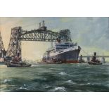 MICHAEL ROFFE (20TH CENTURY) 'S.S. Uruguay passing under the Bayonne bridge in 1947 on route to