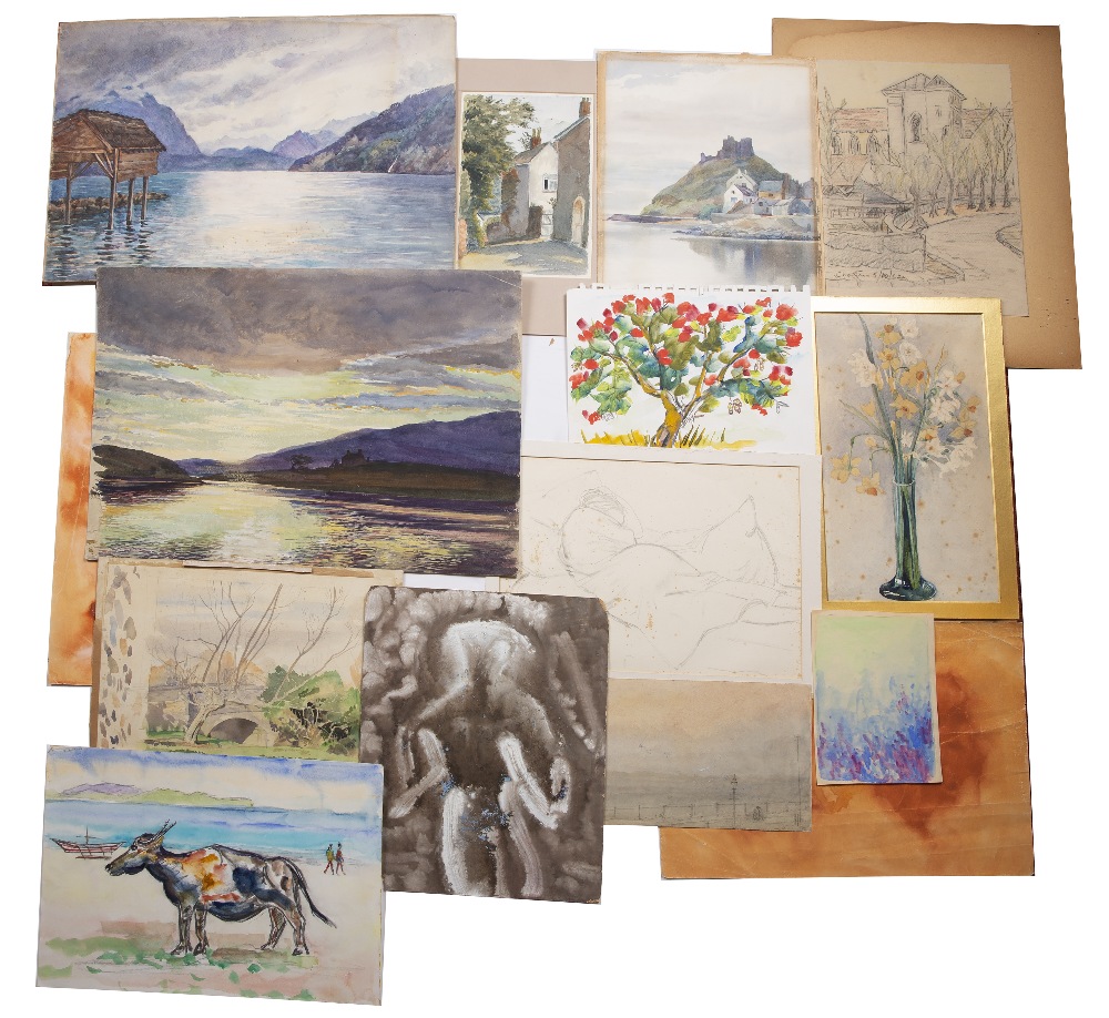 A folder of twenty eight watercolours, mostly early 20th Century including L Cairns Roberts, Roy - Image 2 of 2