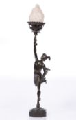 A BRONZE FIGURE OF MERCURY AFTER GIAMBOLOGNA adapted as a table lamp with opaque glass flame
