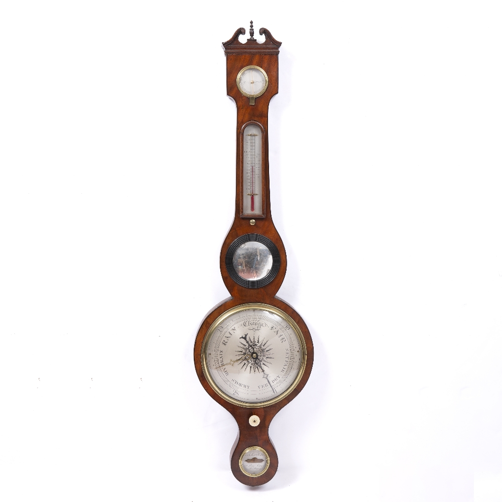 A 19TH CENTURY BANJO WHEEL BAROMETER with swan neck cornice above hygrometer, alcohol thermometer