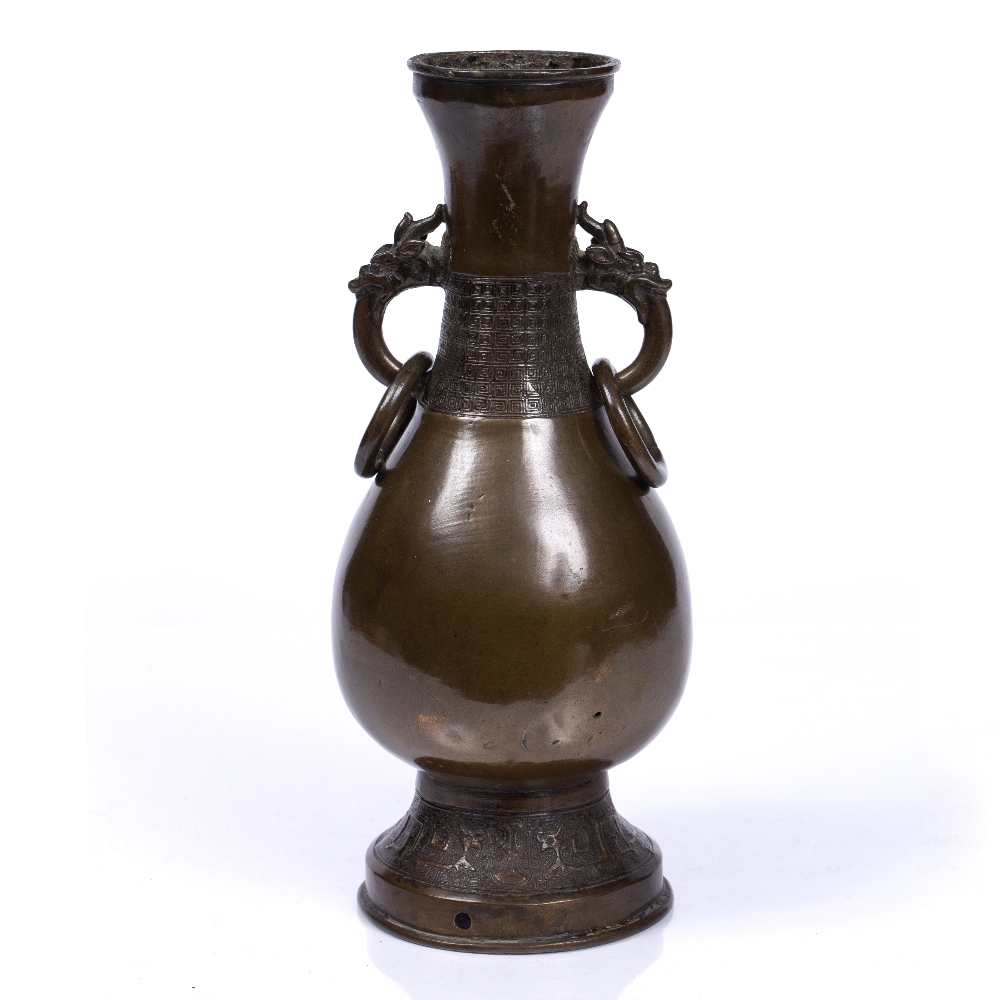 A CHINESE BRONZE ALTAR VASE of baluster form with dragon ring handles, Ming Dynasty, 14th-16th - Image 2 of 3