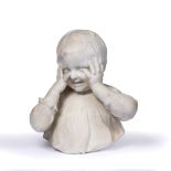 R. CALONI (20TH CENTURY) Hide and Seek, signed, marble sculpture, 40cm high