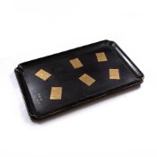 A LARGE JAPANESE BLACK LACQUER TRAY with rectangular panels of Hiramaki-e in gold, depicting