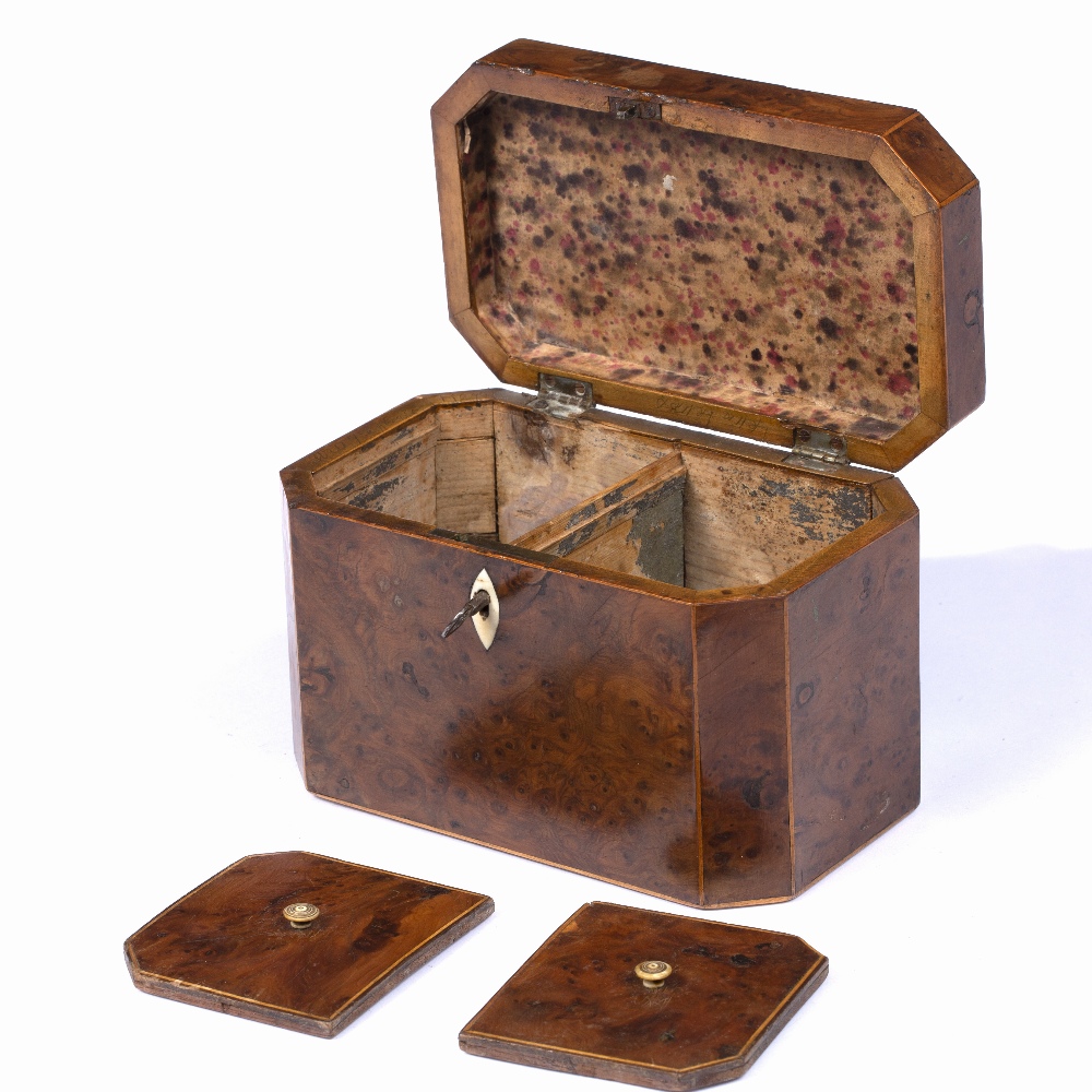 A GEORGE III BURR YEW TEA CADDY of rectangular form with canted corners, hinged lid and twin - Image 3 of 4