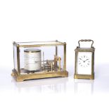 A 20TH CENTURY FRENCH BRASS AND FIVE GLASS BAROGRAPH with hinged cover, 20cm wide, together with a