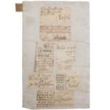 A GROUP OF SEVEN CUT OUT EXTRACTS from early 18th century financial documents signed by ministers of