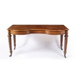 A VICTORIAN WALNUT TABLE of double bowed outline, the top with a moulded edge above two drawers,