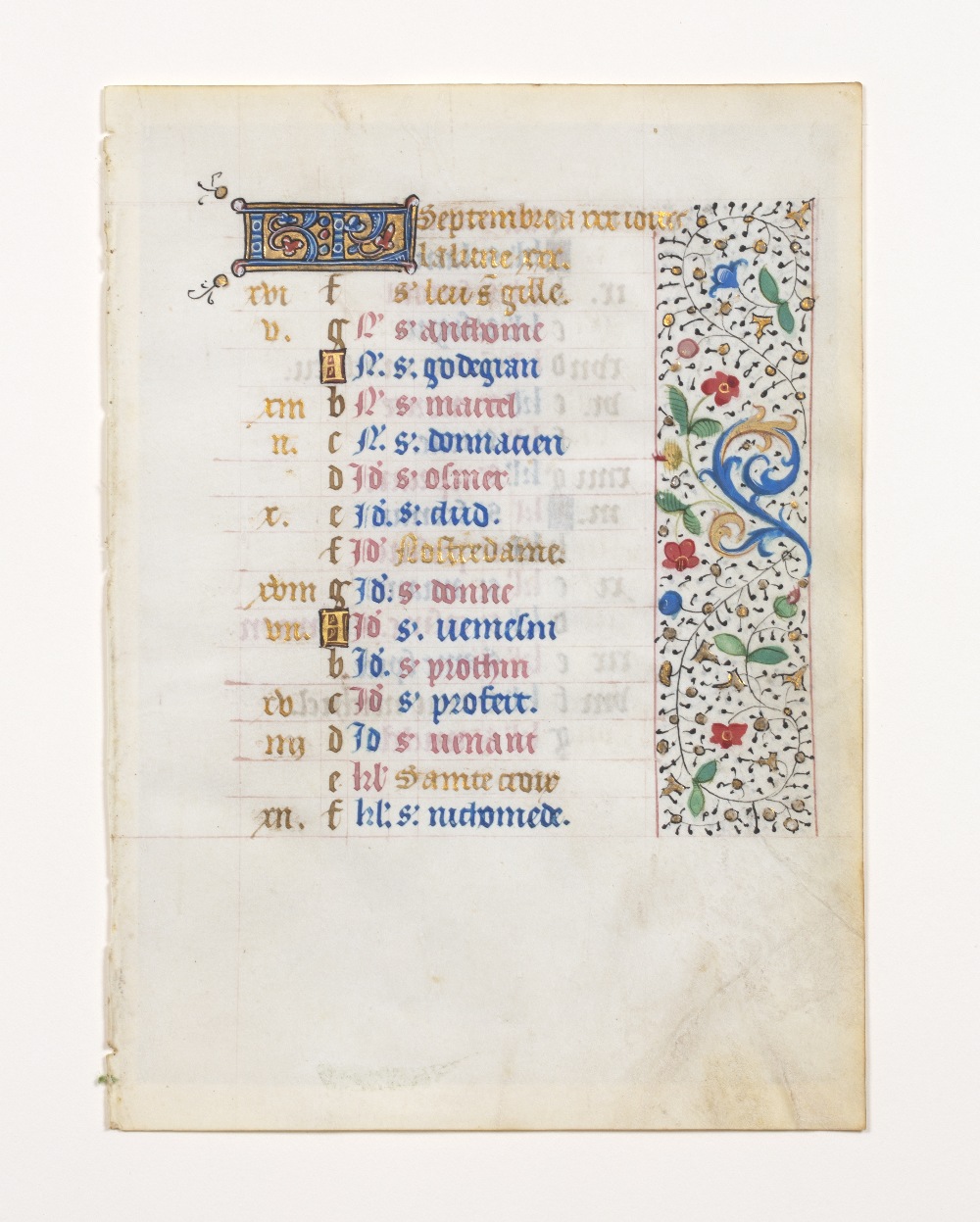 A 15TH CENTURY FRENCH BOOK OF HOURS CALENDAR LEAF for September c1470. Double sided 17 & 15 lines of - Image 2 of 2