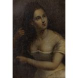 A 19TH CENTURY PAPIER-MACHE PANEL painted with female beauty attending to her long hair, 8 x 5.5cm