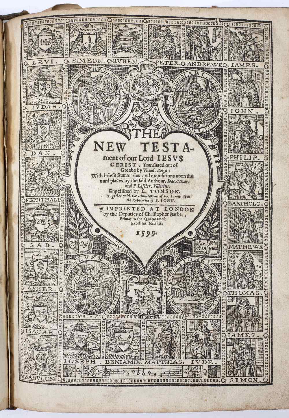 A 16TH CENTURY GENEVA BIBLE lacks Genesis Chapters I-XXVII(pt). New Testament with engraved title