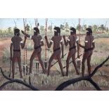 AN AUSTRALIAN ABORIGINAL PAINTING, Queensland, Monington Island 'The War Party', by Dick Roughesy,