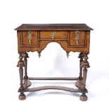 AN 18TH CENTURY STYLE WALNUT AND INLAID LOWBOY, the top and drawers with foliate marquetry angles,