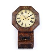 A MID 19TH CENTURY FIGURED WALNUT DROP DIAL WALL CLOCK with painted Roman dial, coiled gong strike