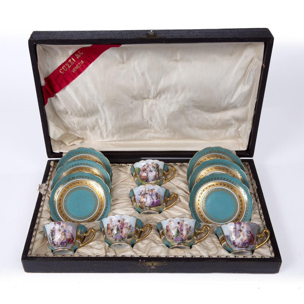 A LATE 19TH CENTURY CONTINENTAL PORCELAIN TEASET comprising six cups and six saucers, the cups