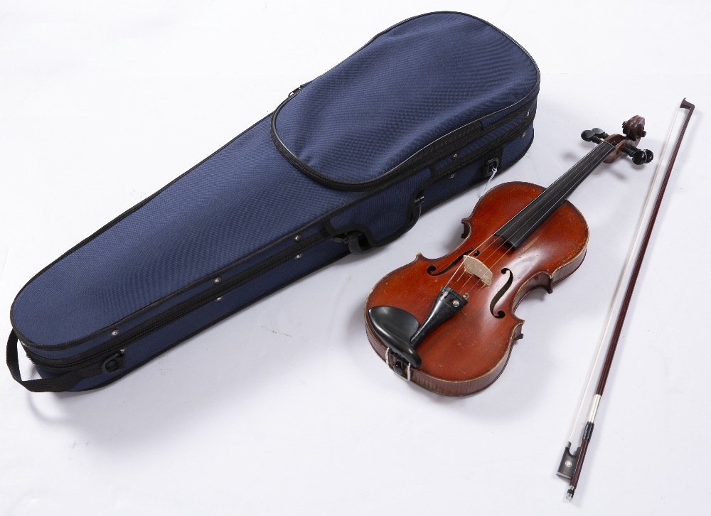 A 20TH CENTURY VIOLIN with two piece back, back length 36cm, with bow,cased