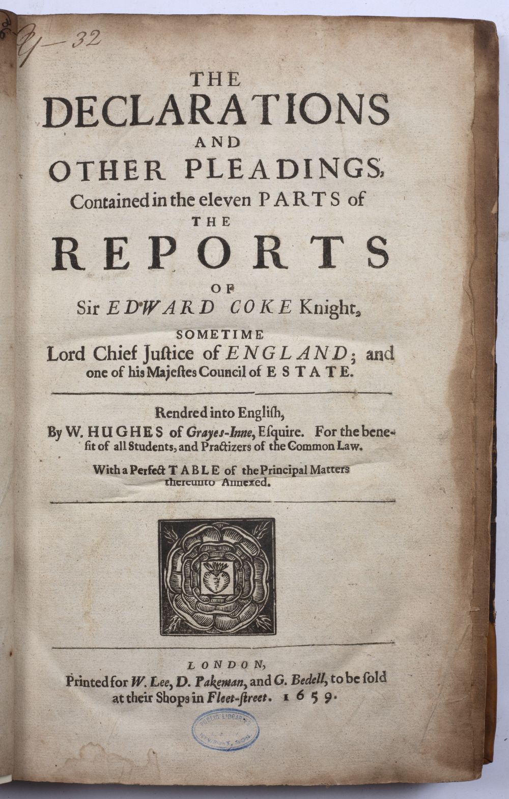 COKE, Sir Edward, 'The Declaration and other Pleadings contained in the eleven parts of the