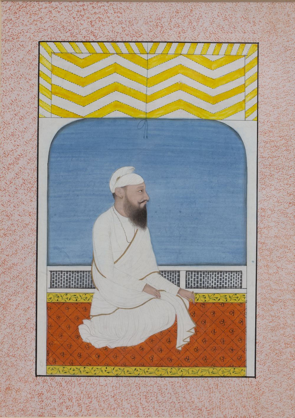 AN INDIAN MINIATURE painted with princely figure dressed in white and kneeling in an interior, 20